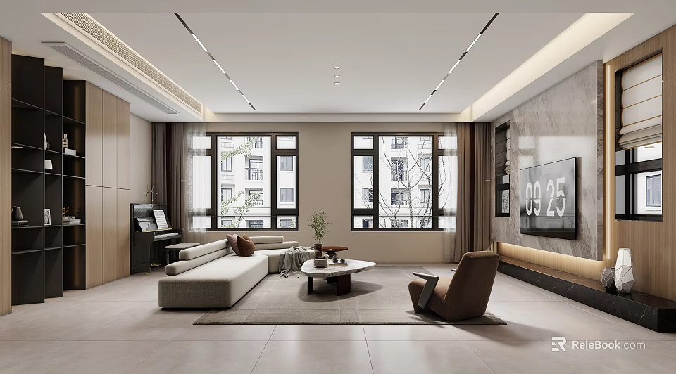 Modern Living Room Interior With Sofa Coffee Table TV Large Windows And Ceiling Lighting 3d model 