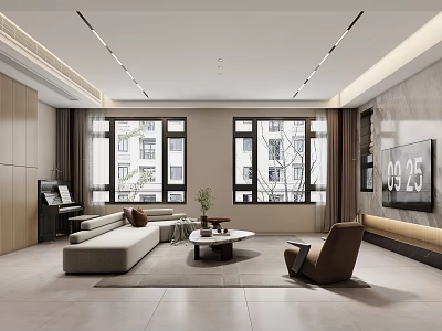 Modern Living Room Interior With Sofa Coffee Table TV Large Windows And Ceiling Lighting 3d model