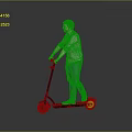 Man Riding Electric Scooter in Pink Shirt and Blue Jeans on Gray Background