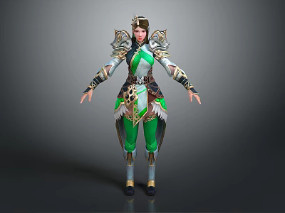 Armored Female Warrior Character With Mythical Creature Inspired Green And White Armor Featuring Feather Accents 3d model