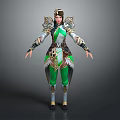Armored Female Warrior Character With Mythical Creature Inspired Green And White Armor Featuring Feather Accents