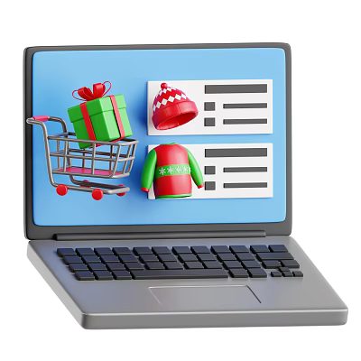 Decorative Ornament Set on Laptop Screen with Shopping Cart Gift Box Christmas Hat and Sweater 3d model