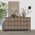 Wooden Entryway Side Cabinet with Circular Cutout Design Vase Dried Flowers Green Plant Decorative Painting