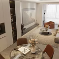Modern Dining and Living Room Interior With White Cabinets Display Shelves And Decorative Painting