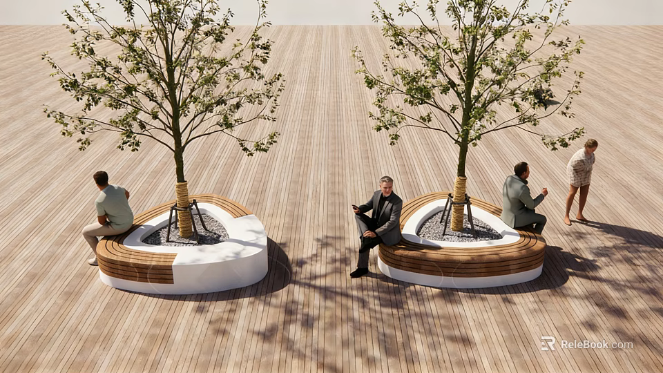 Tree Planters With Trees And Wooden Benches For People Sitting On Wooden Deck 3d model 