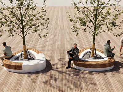 Tree Planters With Trees And Wooden Benches For People Sitting On Wooden Deck 3d model