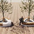 Tree Planters With Trees And Wooden Benches For People Sitting On Wooden Deck