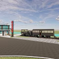 Post Station With Red Signboard Two Story Building Black Windows Train Carriage And Water Background