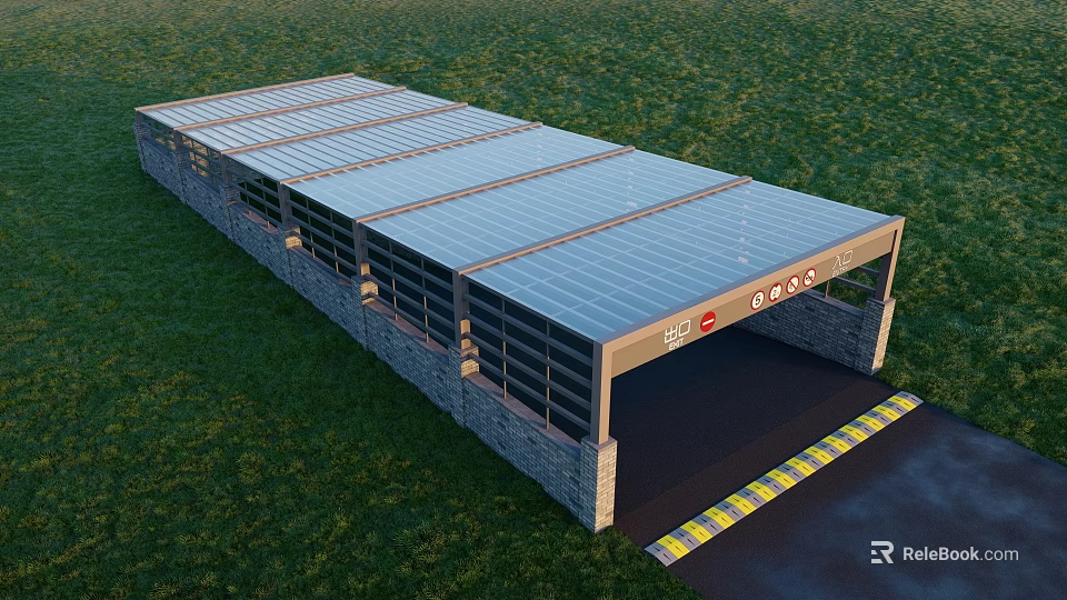 Solar Panel Roofed Building Structure With Entrance On Green Grass Area 3d model