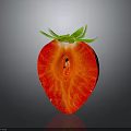 Fresh cut strawberry with red flesh and green leaves on dark reflective surface
