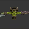 Green Skinned Orc Warrior With Horned Helmet Holding Axe And Shield 3d model