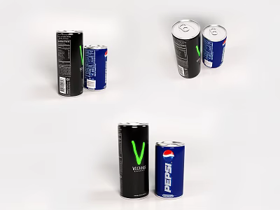 Canned Energy Drinks With V Brand And Pepsi In Black And Blue Cans 3d model