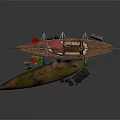 Old Wooden Boat On Metal Stand With Green Crate And Wooden Box