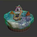 Decorative Model Scene with Small Boat on Blue Water and Brown Base Hills