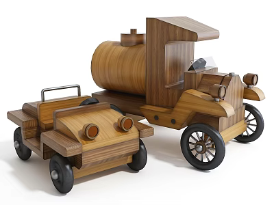 Electric Wooden Toys Vintage Style Truck And Tanker Models With Black Wheels And Headlights 3d model