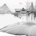 Picturesque Mountain Scenery With Red Sun Traditional House Pine Tree Bamboo And Snowy Landscape