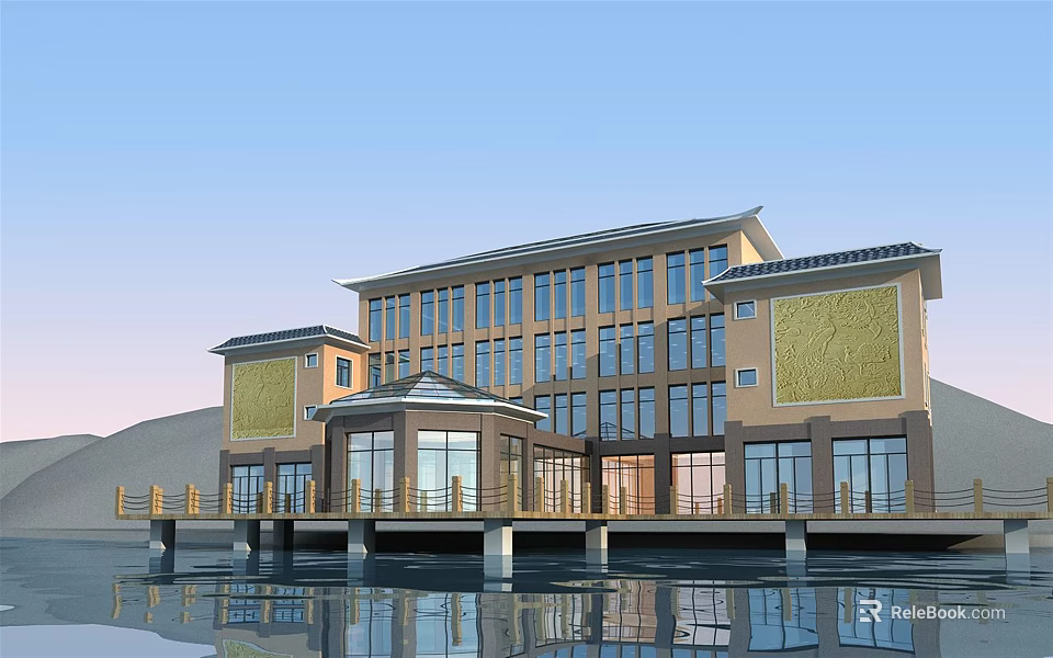 Modern Hotel Building With Chinese Style Roof Over Water And Glass Curtain Walls 3d model 