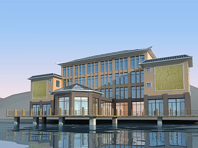 Modern Hotel Building With Chinese Style Roof Over Water And Glass Curtain Walls 3d model
