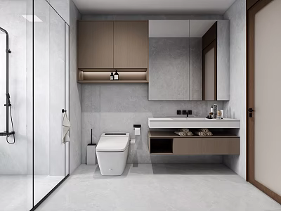 Modern Bathroom With Smart Toilet Vanity And Glass Shower 3d model