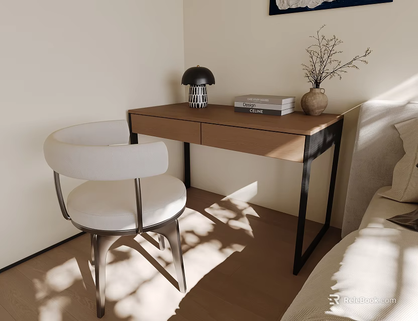 Modern Wooden Desk And White Chair Set With Lamp Books And Vase In Natural Light 3d model 