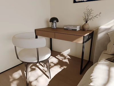 Modern Wooden Desk And White Chair Set With Lamp Books And Vase In Natural Light 3d model