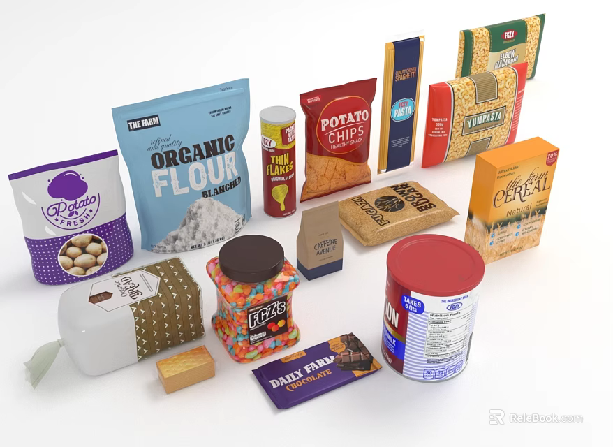 Assorted Packaged Food Products Organic Flour Potato Chips Cereal Popcorn Peanuts Jelly Beans And Spices 3d model 