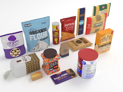 Assorted Packaged Food Products Organic Flour Potato Chips Cereal Popcorn Peanuts Jelly Beans And Spices 3d model
