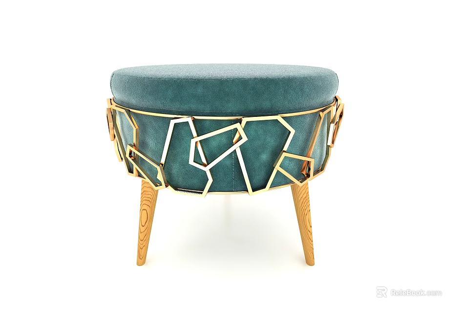 Elegant Teal Upholstered Ottoman With Gold Geometric Frame And Carved Legs 3d model 