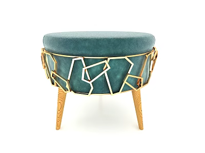 Elegant Teal Upholstered Ottoman With Gold Geometric Frame And Carved Legs 3d model