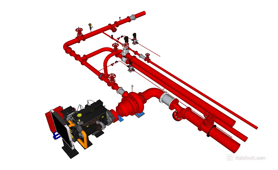Industrial Equipment Red Pipeline System With Valves Pumps And Connection Components 3d model 