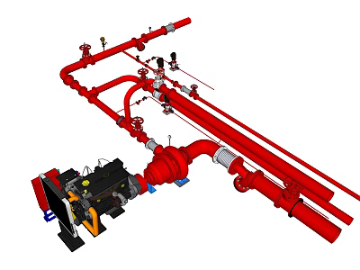 Industrial Equipment Red Pipeline System With Valves Pumps And Connection Components 3d model