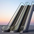 Modern Double Escalator With Glass Railings And Metal Structure In Open Space