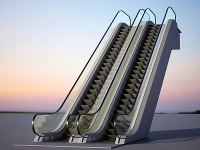 Modern Double Escalator With Glass Railings And Metal Structure In Open Space 3d model