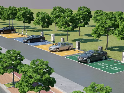 Modern Road Facilities with Electric Vehicle Charging Parking Spaces and Trees 3d model