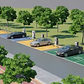 Modern Road Facilities with Electric Vehicle Charging Parking Spaces and Trees