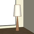 Modern Floor Lamp With Wooden Cone Base And Cream Lampshade By Window Blinds