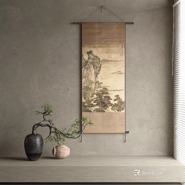 Traditional Scroll Painting On Stone Wall With Bonsai Plant And Vase 3d model 