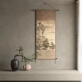Traditional Scroll Painting On Stone Wall With Bonsai Plant And Vase