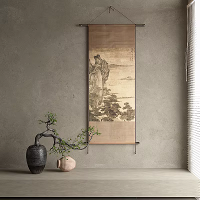 Traditional Scroll Painting On Stone Wall With Bonsai Plant And Vase 3d model