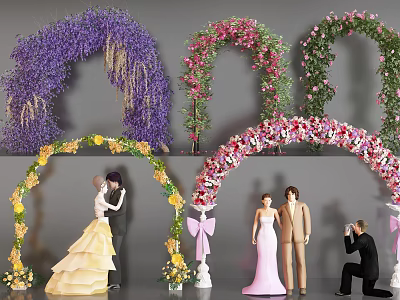 Colorful Vine Arches Decor In Wedding With Couples And Photographer 3d model