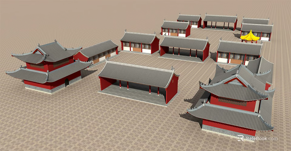Ancient Chinese Architecture Complex With Classic Grey Tile Roofs Red Walls And Courtyard Layout 3d model 
