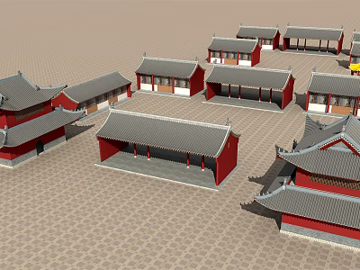 Ancient Chinese Architecture Complex With Classic Grey Tile Roofs Red Walls And Courtyard Layout 3d model