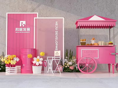 HEJU Development Welcome Event Setup With Pink Cart Desserts And Flowers 3d model