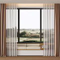 Brown Thick Curtains And White Sheer Panels For Large Window With Green Field View
