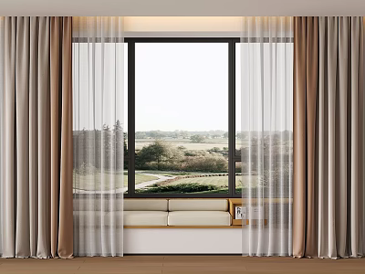Brown Thick Curtains And White Sheer Panels For Large Window With Green Field View 3d model