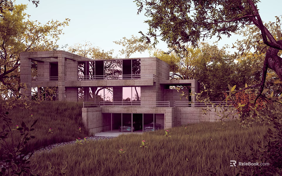 Modern Detached Villa With Concrete Structure Large Windows And Green Surroundings 3d model 