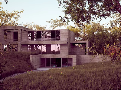 Modern Detached Villa With Concrete Structure Large Windows And Green Surroundings 3d model