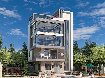 Modern Multi Story Detached Villa With Large Glass Walls And Greenery Surroundings 3d model