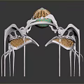 Artistic Sculpture Design With White Curved Structures And Green Gold Hollow Sphere