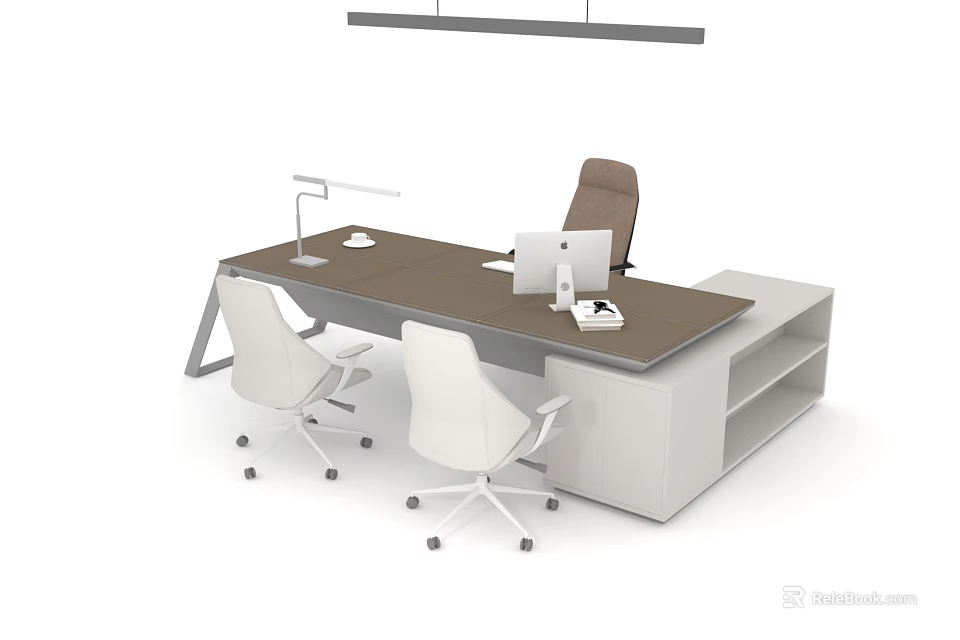 Modern Office Desk with Brown Top Laptop Desk Lamp White Cabinet and Three Chairs 3d model 